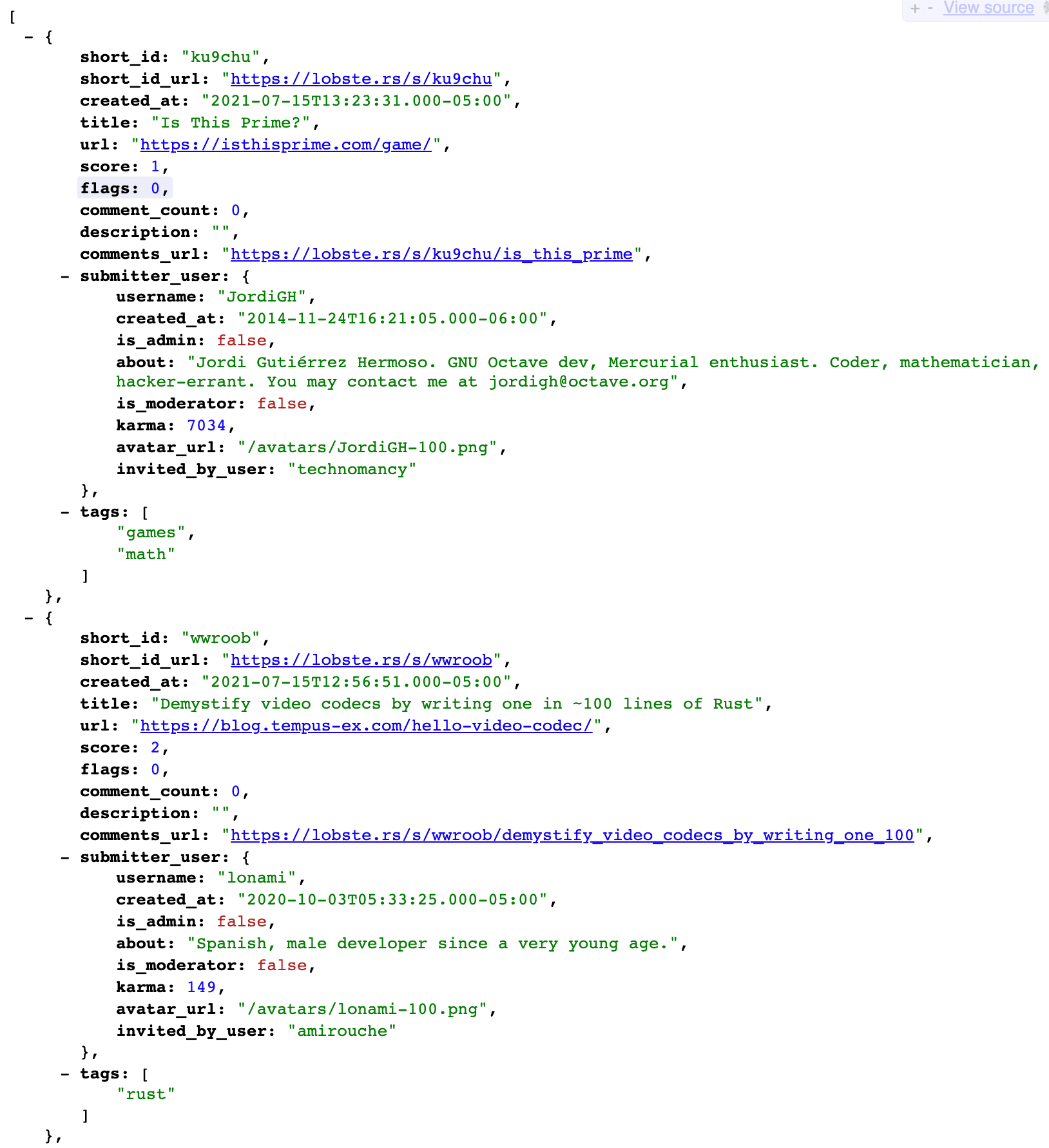 JSON data representing the latest stories submitted to Lobsters