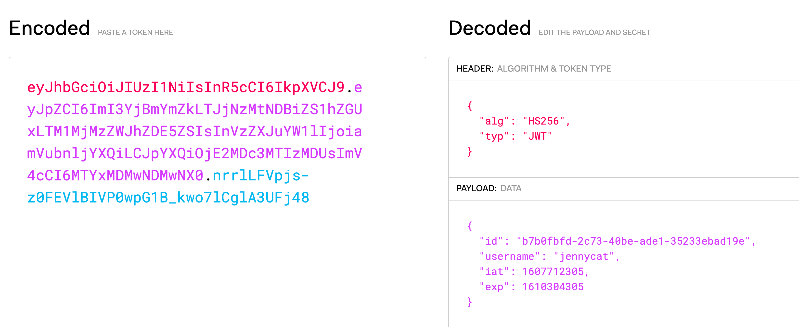 Using the JWT debugger to inspect the payload of our token