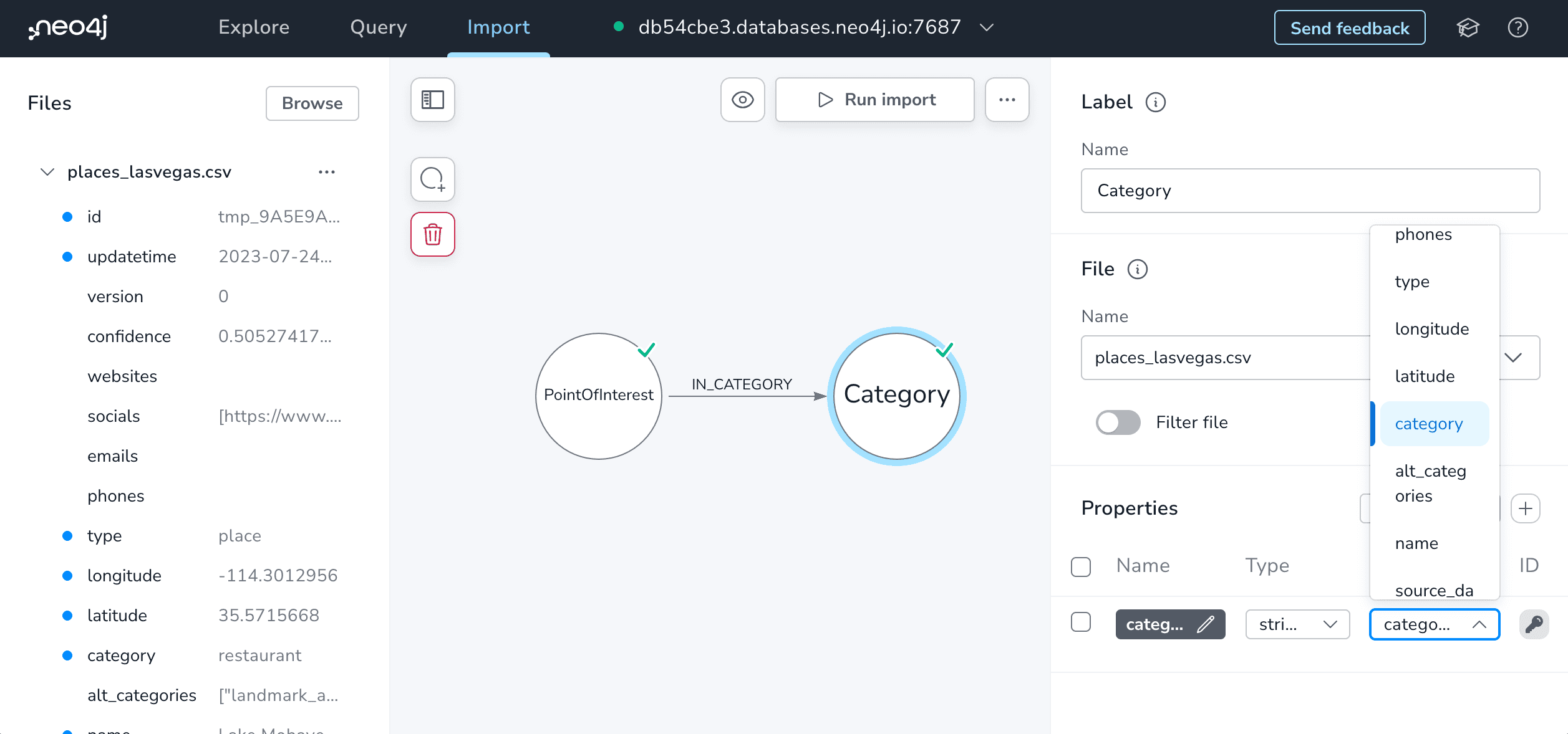 Sketching a property graph data model using Neo4j Workspace Import tool